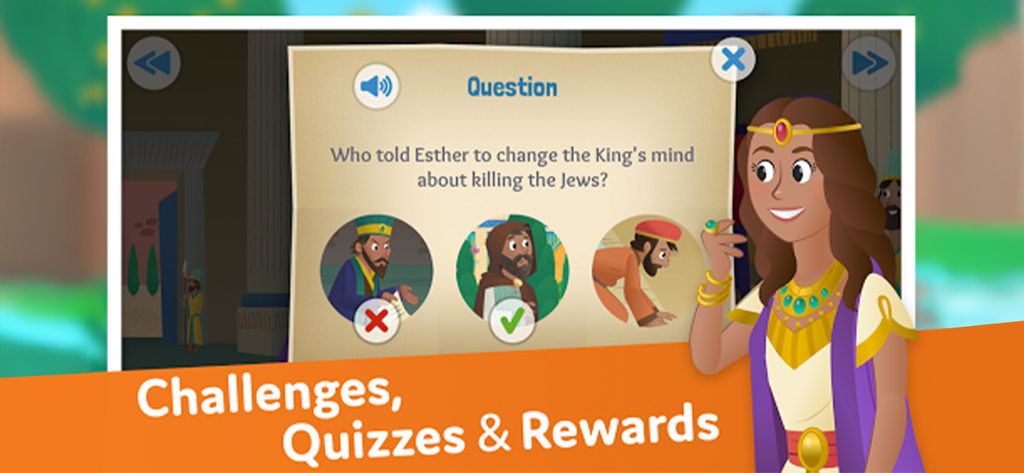 Bible App for Kids - An interactive Bible story quiz about Queen Esther in the Bible App for Kids