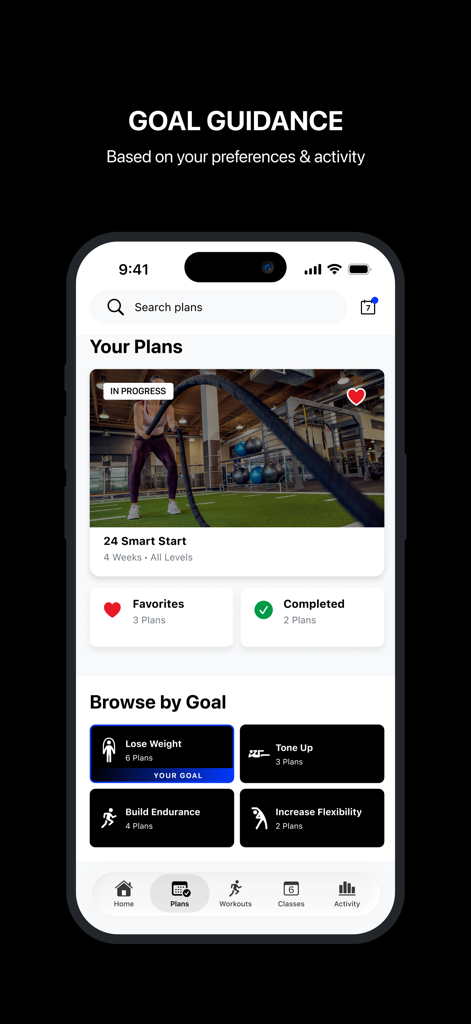 24GO app screen showing personalized fitness plans and browsing categories like Lose Weight and Build Endurance.