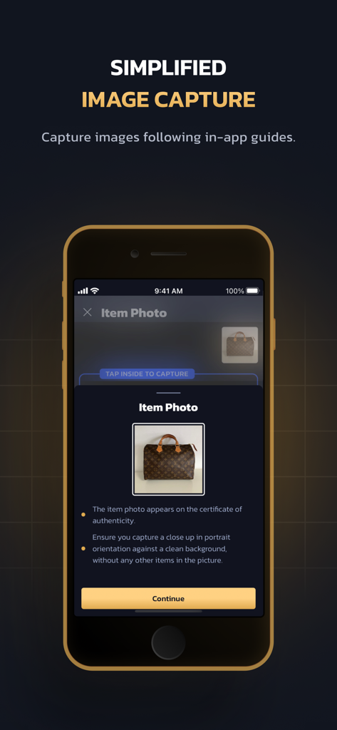Entrupy mobile app screen showing the guided image capture process for a luxury handbag authentication