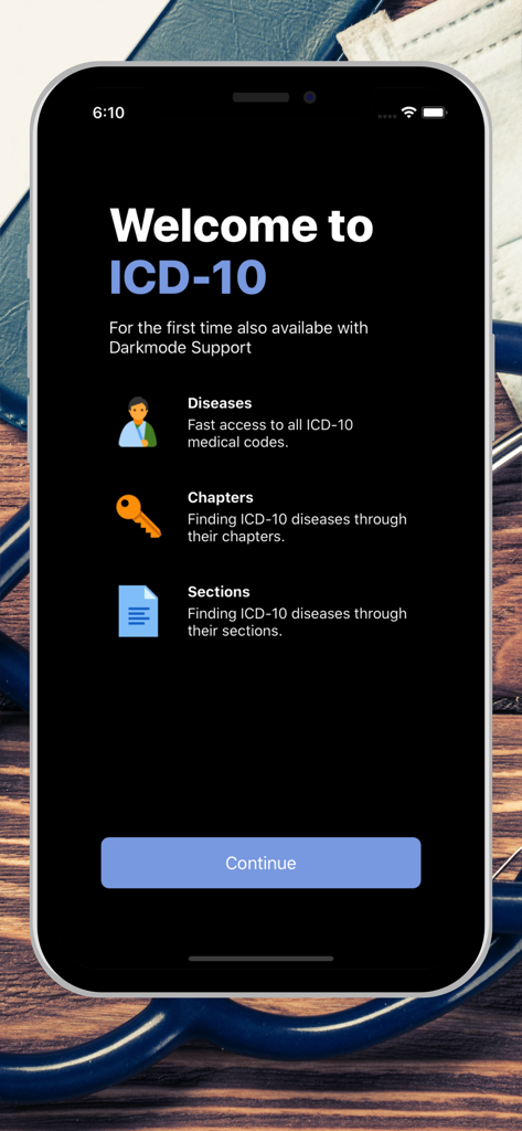 Welcome screen of the ICD-10 CM medical coding app with dark mode.