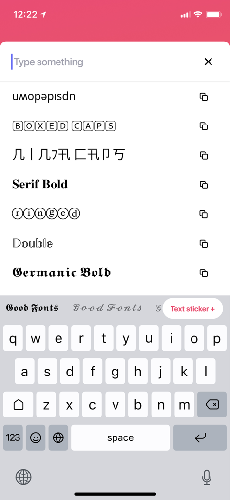 Interface of Fonts Keyboard app showing various artistic text styles and custom keyboard layout