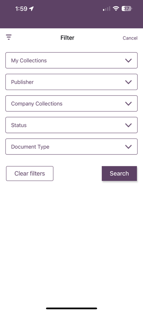 i2i - Mobile interface showing filter options for technical standards by collection, publisher, and document type in the i2i app