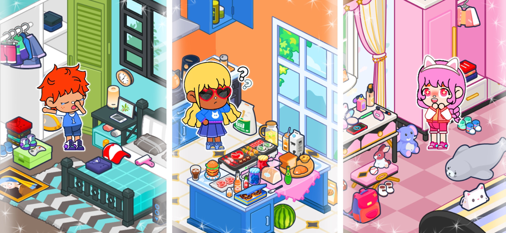 Avatar Home Maker Games World - Three colorful room designs featuring custom avatars in a bedroom, kitchen, and pink playroom.