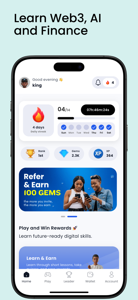 LearnWay: Learn and Earn - LearnWayアプリのホームダッシュボード。学習進捗、Gems、毎日の連続記録が表示されています