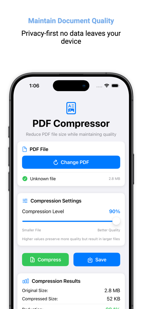 iPhone-Bildschirm, der die Benutzeroberfläche der PDF Compressor-App mit Einstellungen zur Dateikomprimierung und text mit Fokus auf Datenschutz zeigt.
