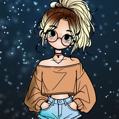girl with a messy ponytail glasses a baggy crop top and jean shorts