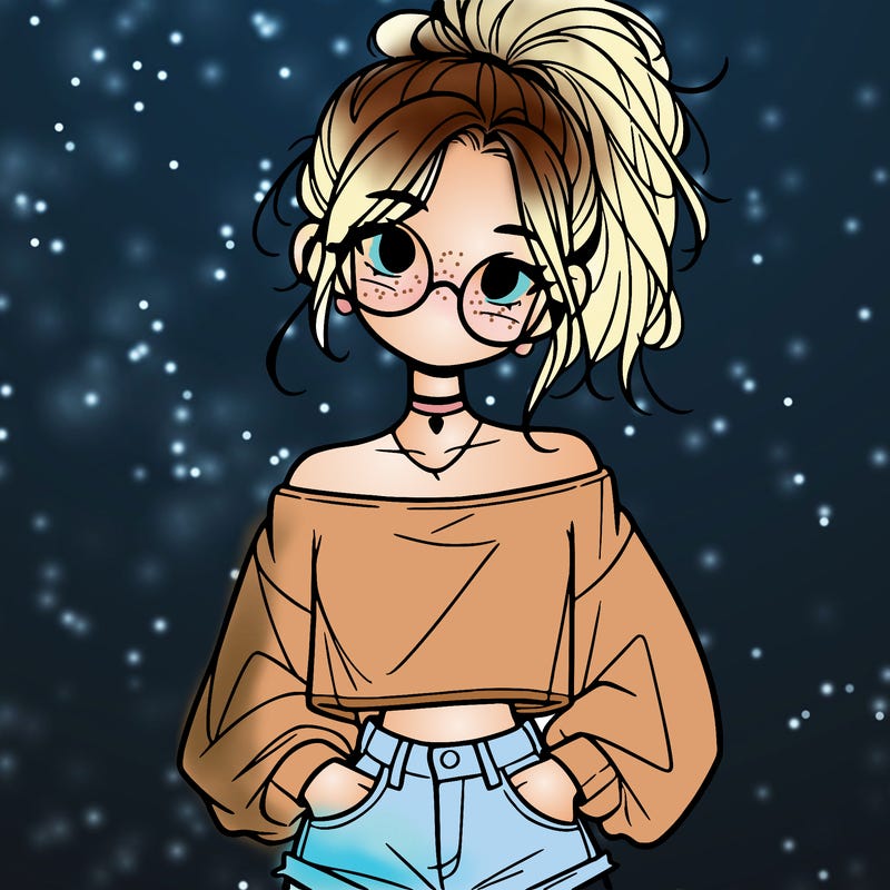 girl with a messy ponytail glasses a baggy crop top and jean shorts