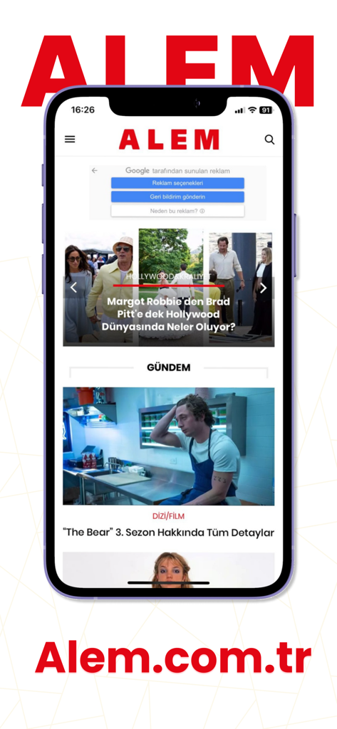 Alem Dergisi - Alem Dergisi magazine app interface showing celebrity news and trending topics.
