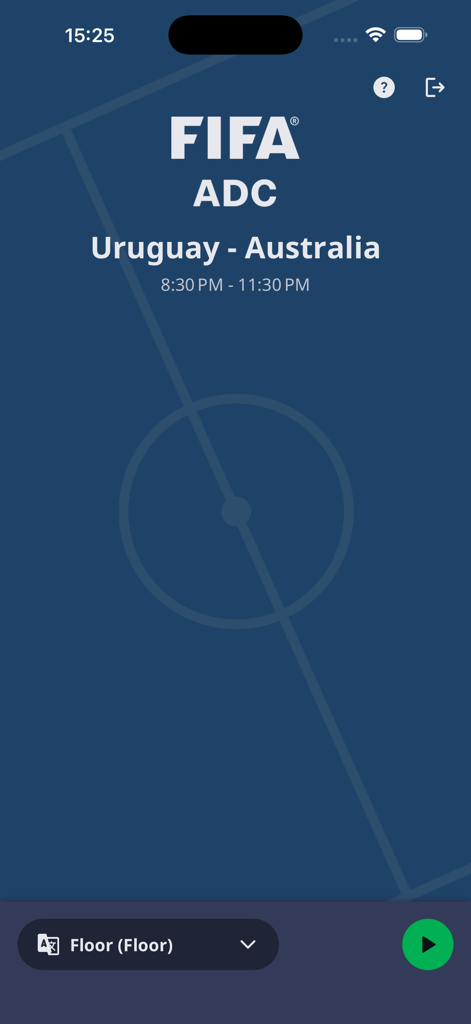 FIFA Audio Description - Interfaz de la aplicación Descripción de Audio de la FIFA que muestra un partido entre Uruguay y Australia con un botón de reproducción