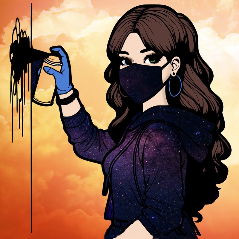 realistic girl with mask spray painting a wall