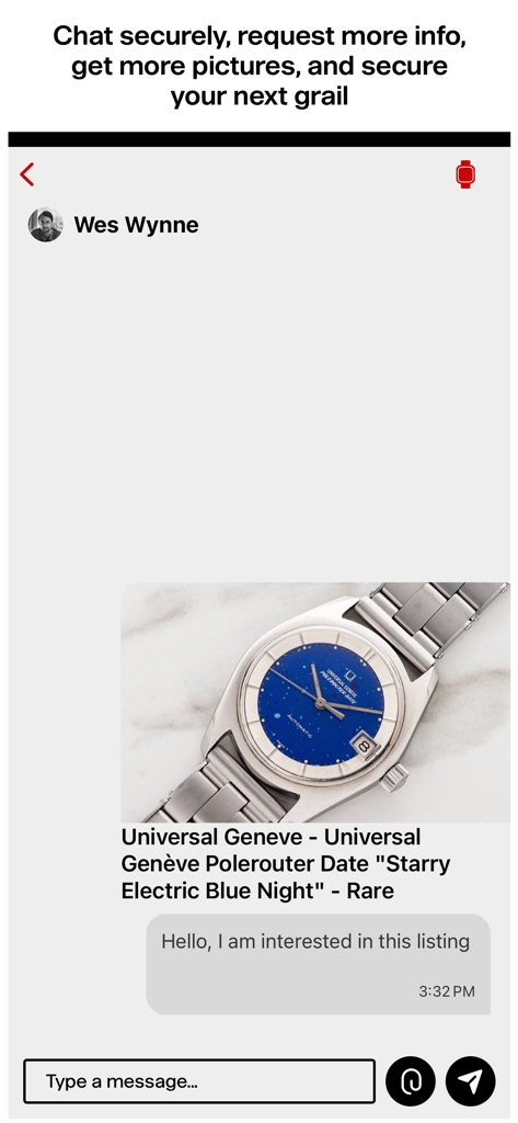 Pushers Watches - Secure chat interface in the Pushers Watches app showing direct communication with a dealer