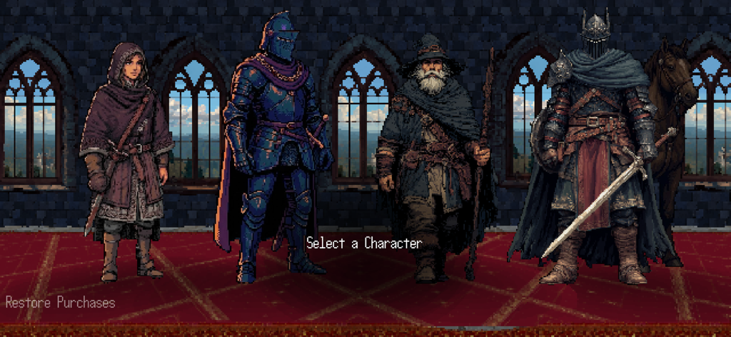 KnightBoundのキャラクター選択メニュー。騎士や魔法使いを含む4つのダークファンタジーのクラスがピクセルアートスタイルで登場