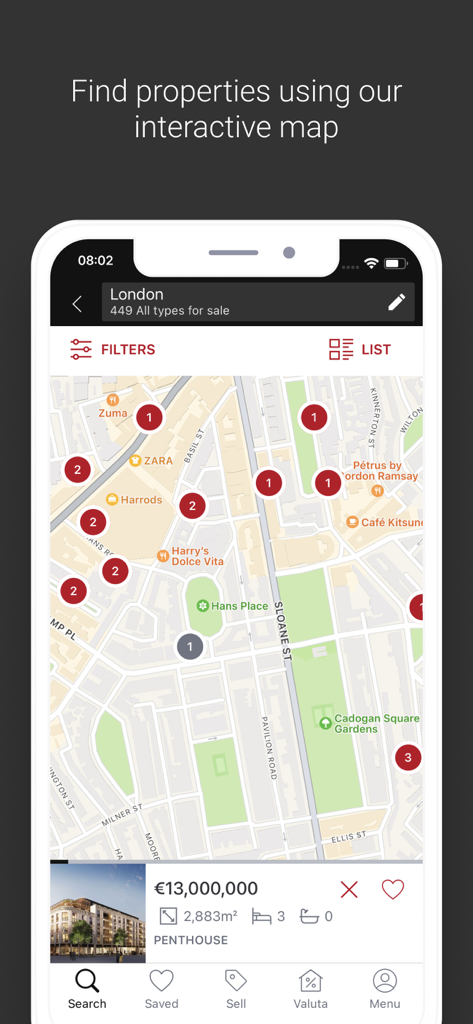 LuxuryEstate app interactive map showing prestigious property listings in London