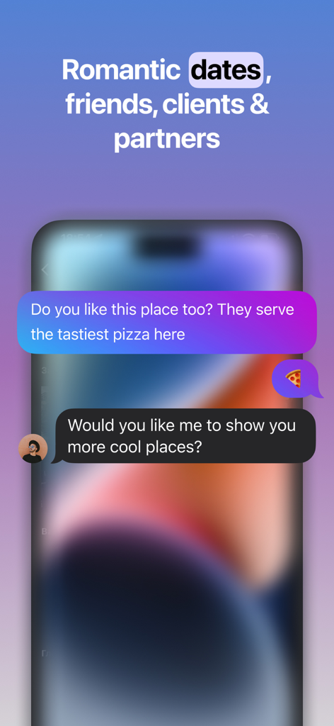 Radarly: Find People Near Me - Radarly app chat interface showing a conversation about meeting at a local pizza place.