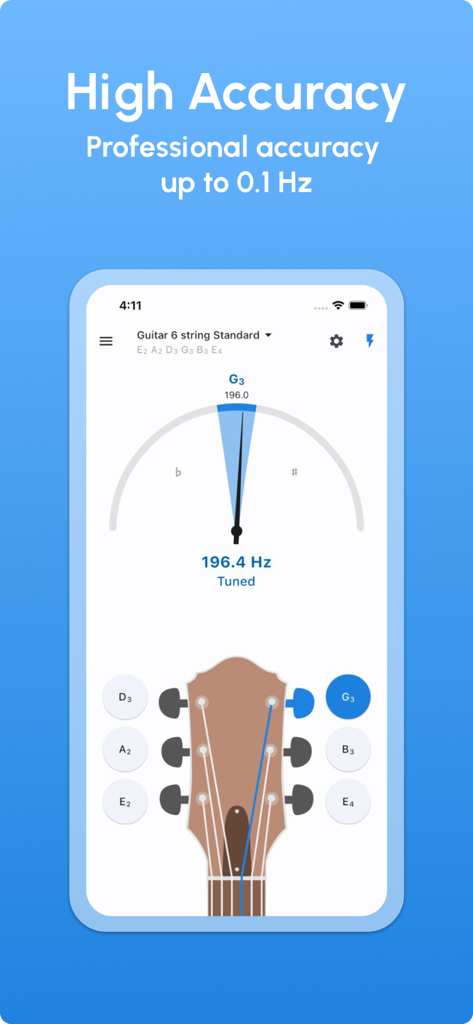 High accuracy guitar tuner interface showing standard 6 string tuning on mobile