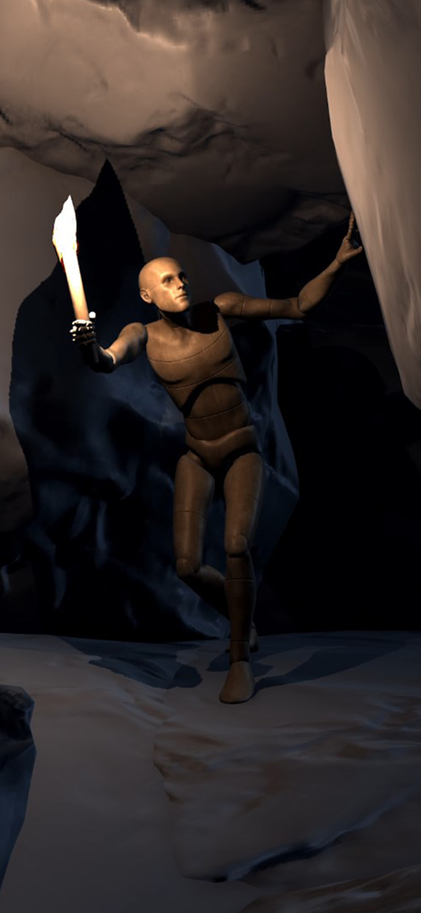 Poseit - A 3D wooden drawing mannequin holding a torch inside a dark cave for artistic lighting and pose reference.