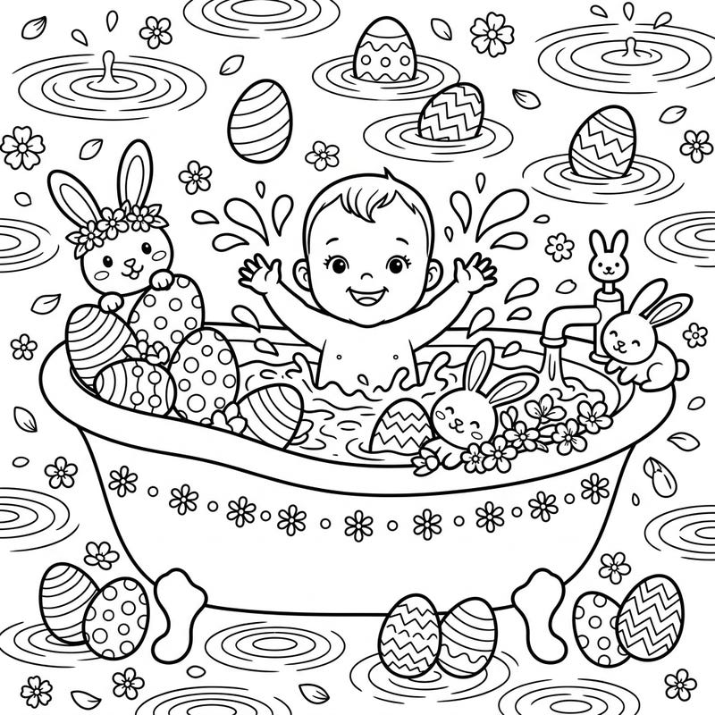 Celebrate Easter with this adorable coloring page featuring a joyous baby splashing in a festive bathtub. Surrounded by cute bunnies and decorated eggs, it's a perfect blend of bath time fun and spring cheer.