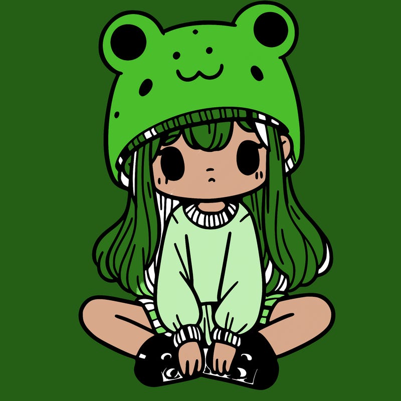 a girl wearing a frog hat and some frog socks