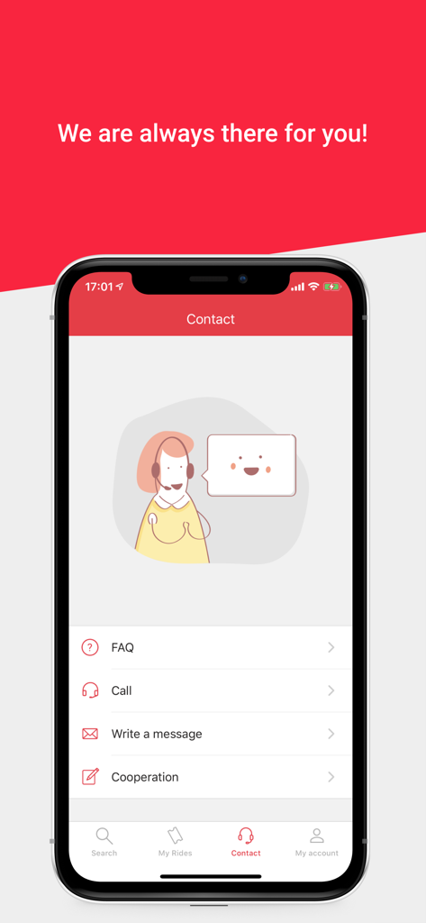 BUSFOR – bus tickets - Busfor app contact page showing customer support options including FAQ call and message