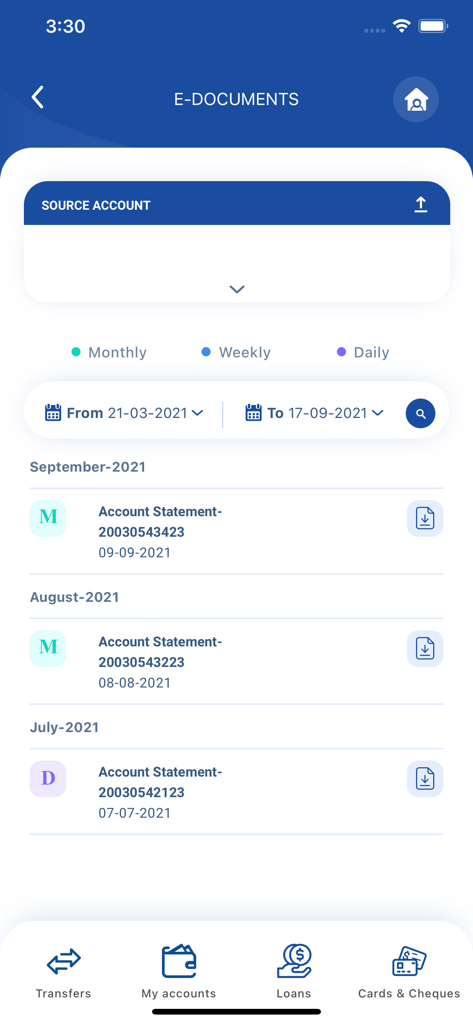 E-documents screen showing account statements list and date filters in the BRED Solomon Connect app