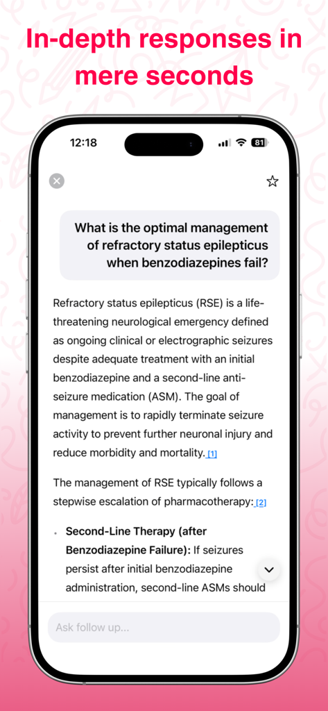 ProofMD - Smartphone screen showing the ProofMD app providing a detailed medical answer with citations.