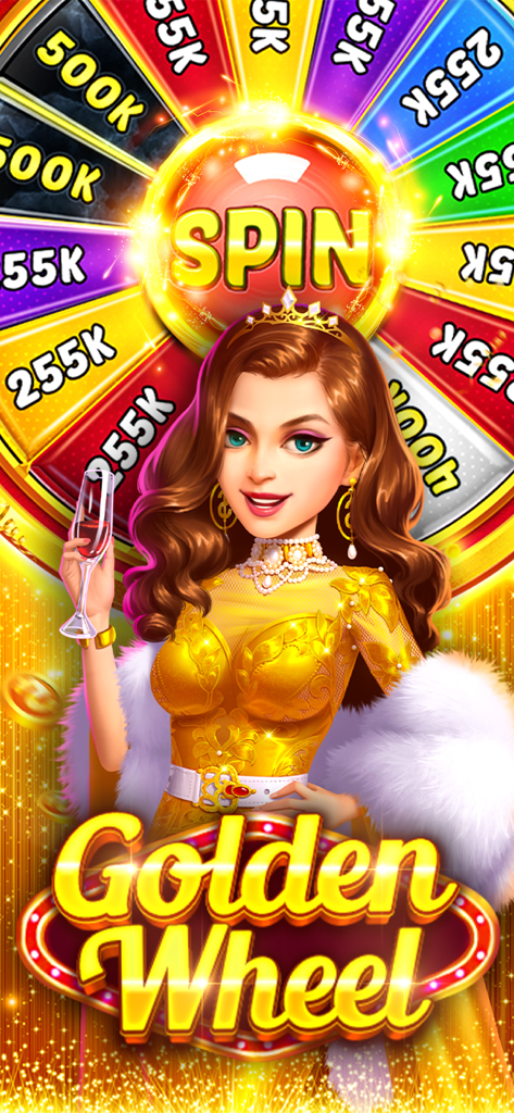 Uma mulher glamorosa em um vestido dourado em pé na frente de uma roda giratória colorida de cassino rotulada como Golden Wheel.