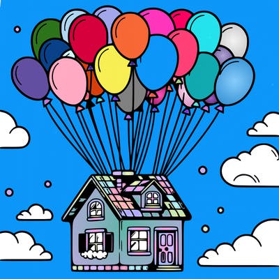 house floating from lots of balloons