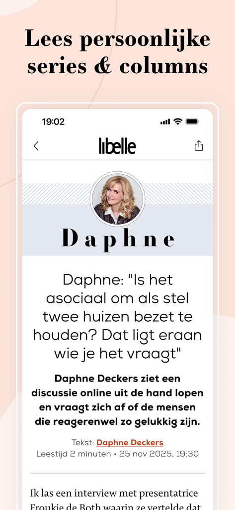 Uma captura de tela do aplicativo Libelle.nl apresentando uma coluna de estilo de vida de Daphne Deckers.