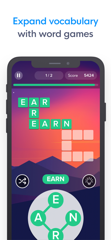 MindPal app screenshot showing a word puzzle game designed to expand vocabulary and improve language skills.