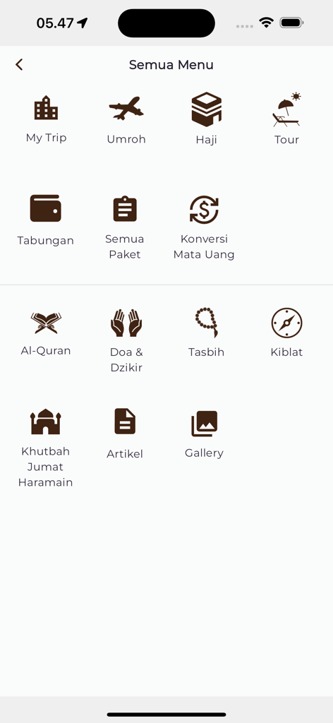 Hasuna Tour - Interface of Hasuna Tour app showing all menus including Umroh, Haji, Al-Quran, and Qibla icons.