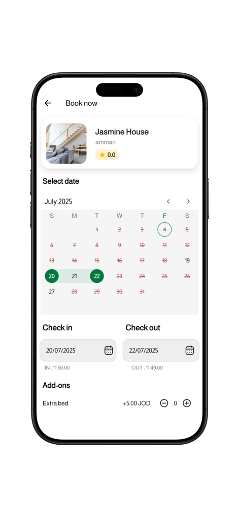 JRE : Hotel, Apartments - JRE app booking screen with a calendar for selecting rental dates for Jasmine House in Amman