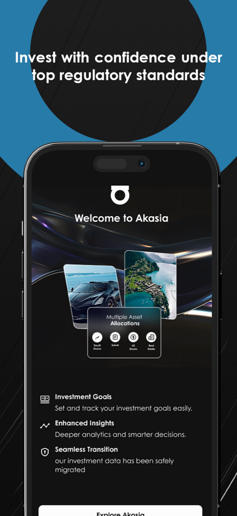 Akasia | اكاسيا - Welcome screen of Akasia wealth management app displaying asset allocation options and investment goals