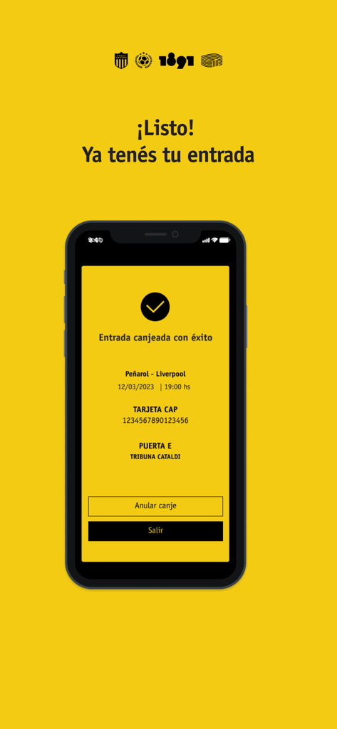 CAPP - Tela de celular mostrando um ingresso digital resgatado com sucesso para um jogo de futebol do Penarol.