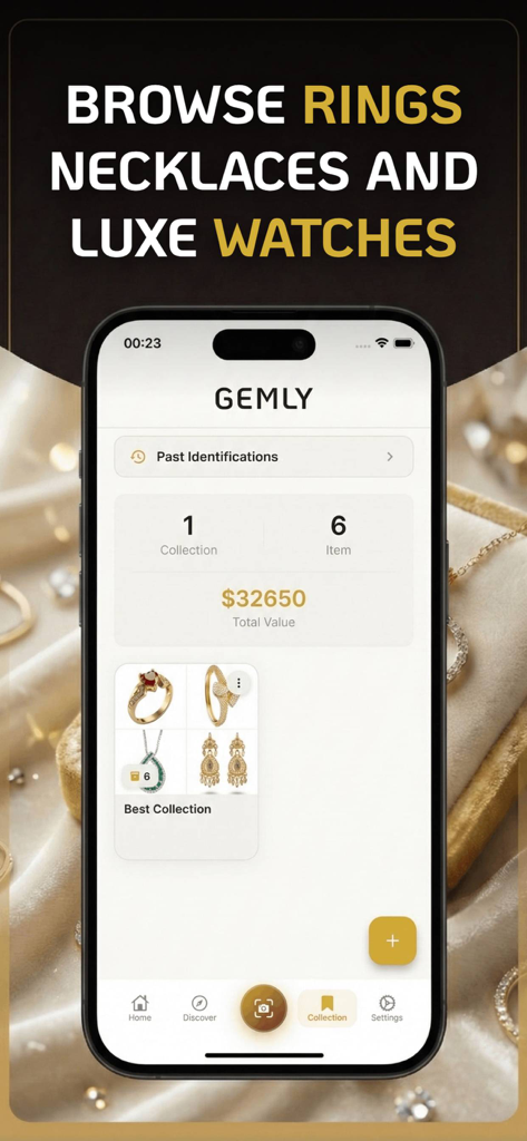 Screenshot of Gemly app showing a jewelry collection with a total estimated value of thirty two thousand dollars
