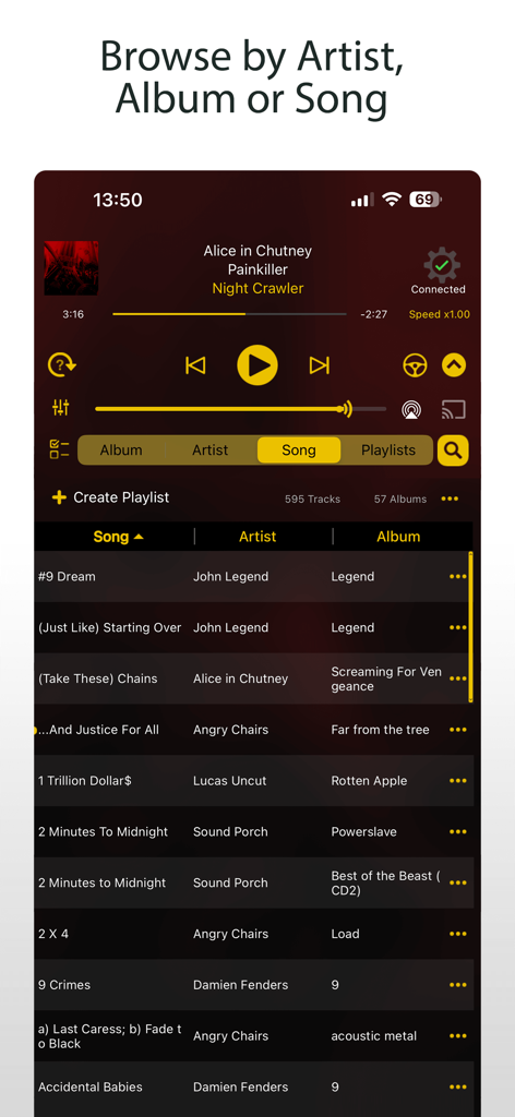 MusicStreamer app interface showing a list of songs sorted by title artist and album