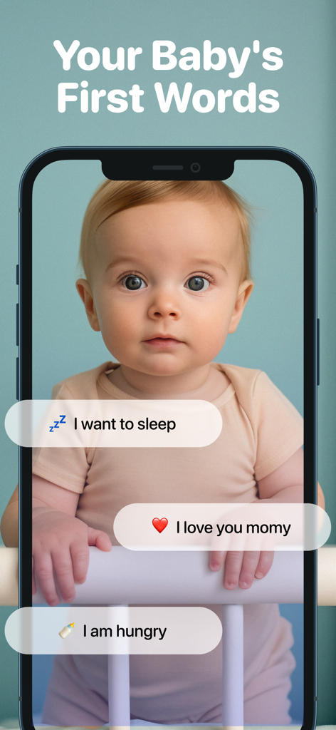 BabyLingo app interface showing translated baby cries into text bubbles