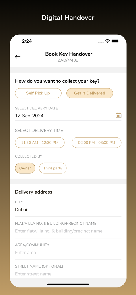 DAMAC Living - A mobile app screen for booking a property key handover with delivery or pickup options
