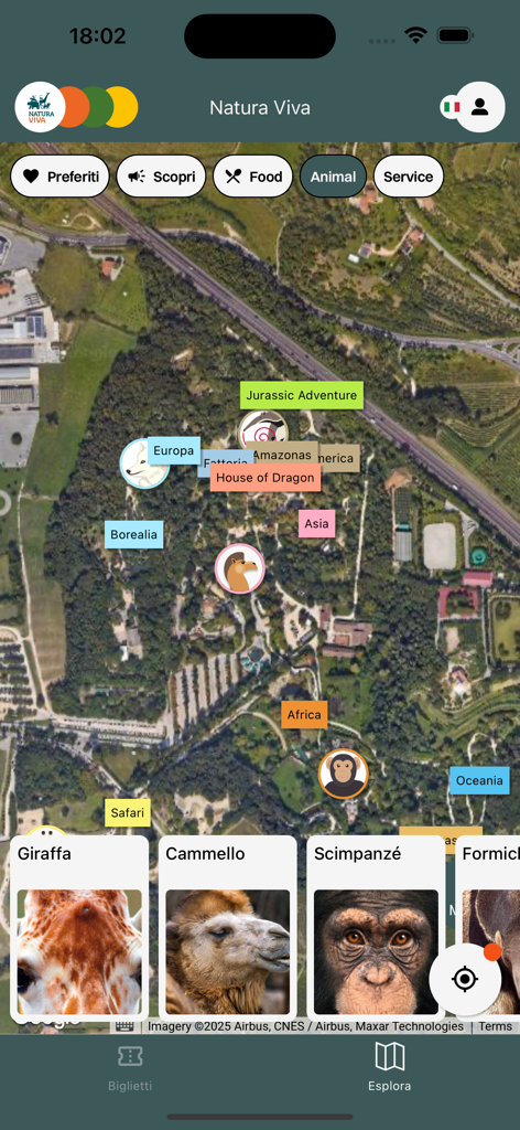 Mappa satellitare interattiva del parco Natura Viva che mostra diverse zone animali e informazioni per i visitatori