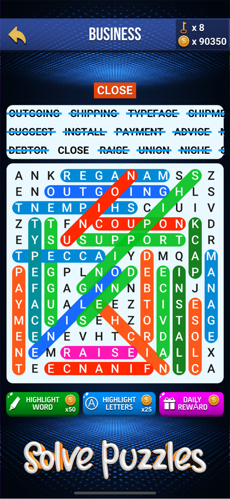 Wow Search: Classic Words Game - A gameplay screenshot of Wow Search showing a completed word search puzzle with a business theme