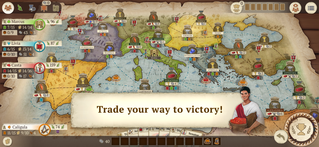 Concordia: Digital Edition - Un mapa estratégico de juego del Imperio Romano en Concordia Edición Digital con rutas comerciales y estadísticas de jugadores.