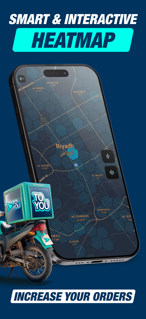 ToYou: Rep - Aplicativo ToYou Rep exibindo um mapa de calor interativo em um smartphone para ajudar os entregadores a aumentar os pedidos