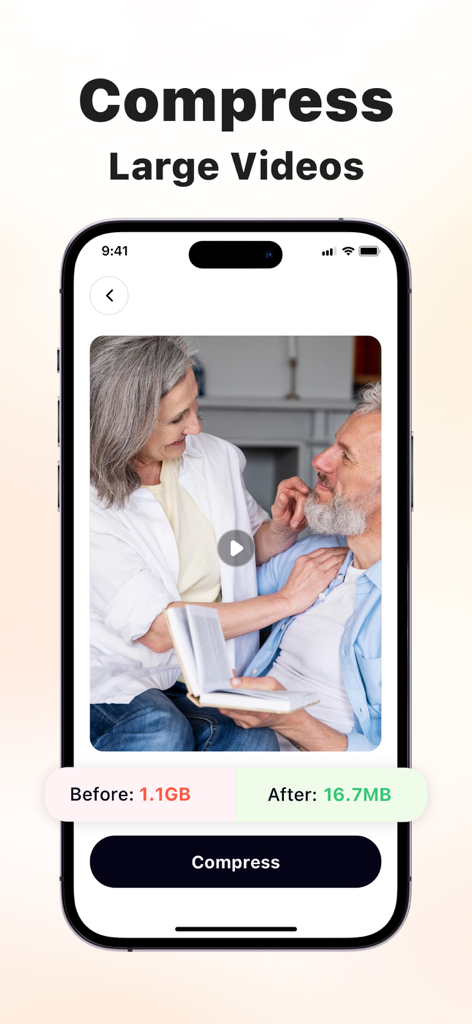 iPhone screen showing Clear Nest app compressing a large video file from 1.1GB to 16.7MB to save storage