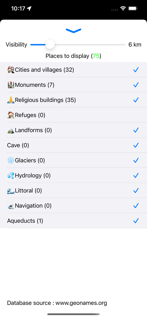 Azimuth - Orientation table - Menu dans l'application Azimut pour sélectionner des catégories de paysages comme les villes et les monuments avec un curseur de visibilité