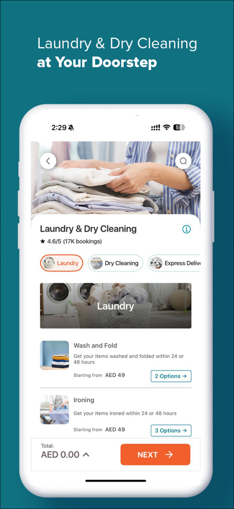 Mobile app screen for ServiceMarket showing laundry and dry cleaning service options including wash and fold and ironing