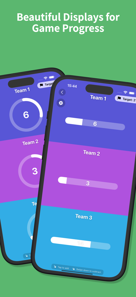 ScoreBoard - Score keeper + - Two iPhones displaying the ScoreBoard app's beautiful game progress screens for multiple teams.