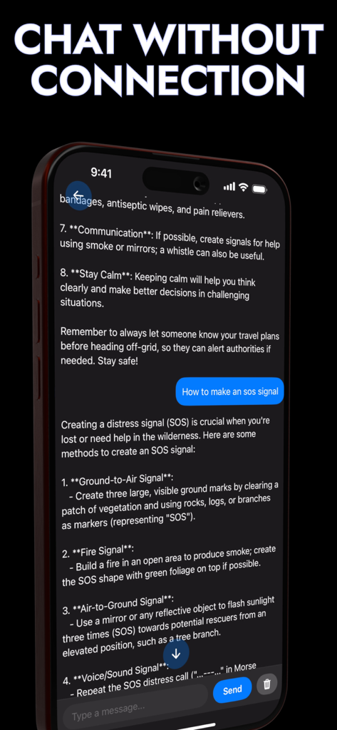 Offline Survival DOOMSDAi - A smartphone screen showing an offline AI chat interface with detailed instructions on how to create an SOS signal in the wilderness