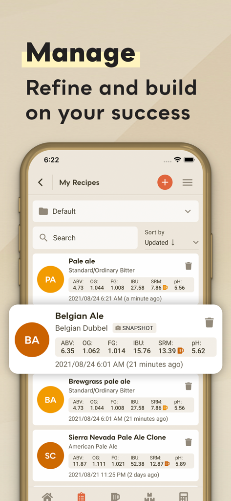 Lista de recetas de cerveza casera con estadísticas detalladas de elaboración en la aplicación Brewers Friend