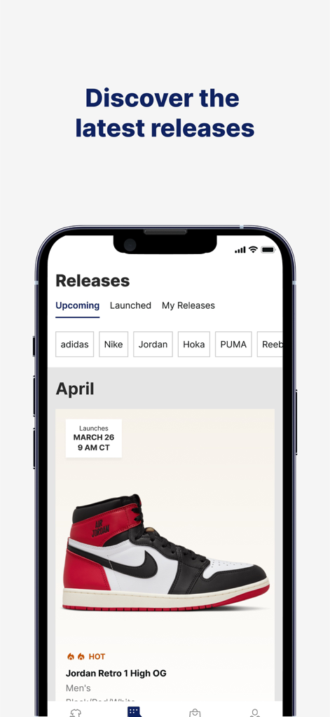 Champs Sports: Shoes & Apparel - Interfaccia dell'app Champs Sports che mostra il calendario delle prossime uscite di sneakers e una scarpa Jordan