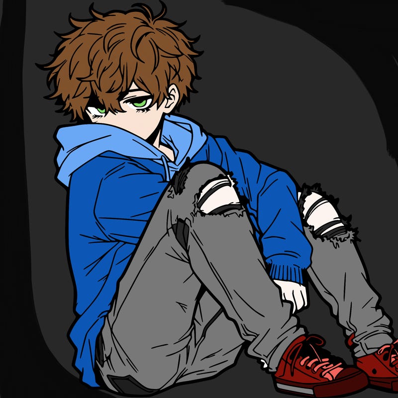 a male hoddie ripped jeans messy hair anime