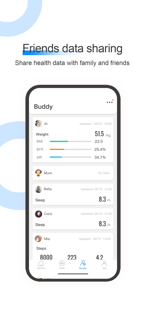 AiLink - AiLink app interface showing the Buddy screen where users can share health metrics like weight and sleep with family and friends.